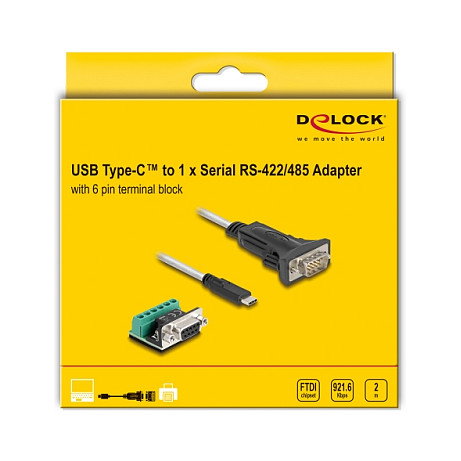 DeLOCK Adaptador USB 2.0 Tipo-C™ a RS-422/485 con bloque de terminales de 6 pines, 2 m