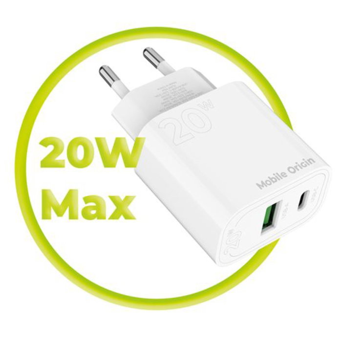 Mobile Origin MO12 Cargador de Pared PD20W Blanco con 1x USB-A y 1x USB-C