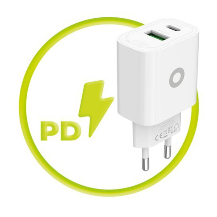 Mobile Origin MO12 Cargador de Pared PD20W Blanco con 1x USB-A y 1x USB-C