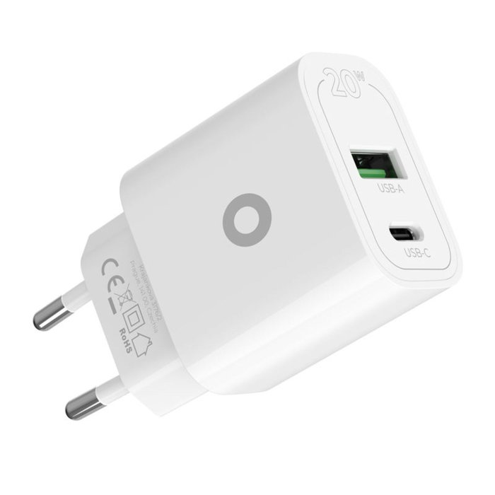 Mobile Origin MO12 Cargador de Pared PD20W Blanco con 1x USB-A y 1x USB-C