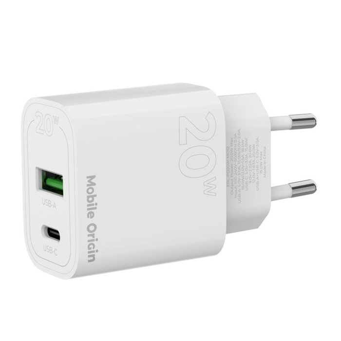 Mobile Origin MO12 Cargador de Pared PD20W Blanco con 1x USB-A y 1x USB-C