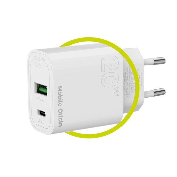 Mobile Origin MO12 Cargador de Pared PD20W Blanco con 1x USB-A y 1x USB-C
