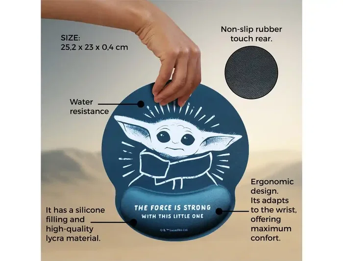 Wondee Alfombrilla Ratón Gel Ergonómica Mandalorian Grogu Star Wars Antideslizante Cómoda Lavable 250x20x230 mm