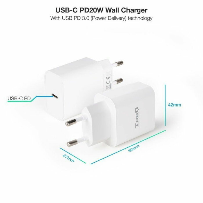 TooQ Cargador de Pared USB-C PD 20W Blanco TQWC-PDUSBC20W