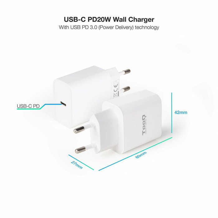 TooQ Cargador de Pared USB-C PD 20W Blanco TQWC-PDUSBC20W