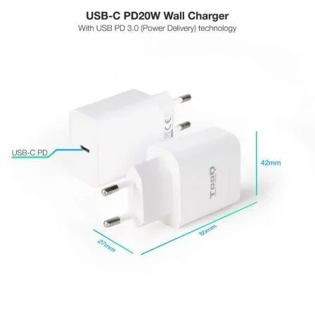 Tooq TQWC-PDUSBC20W Cargador de Pared USB-C PD 20W Blanco