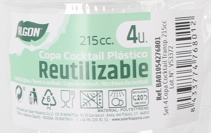 Algon Set de 4 Copas de Cocktail Transparentes 215 cc (24 Unidades)