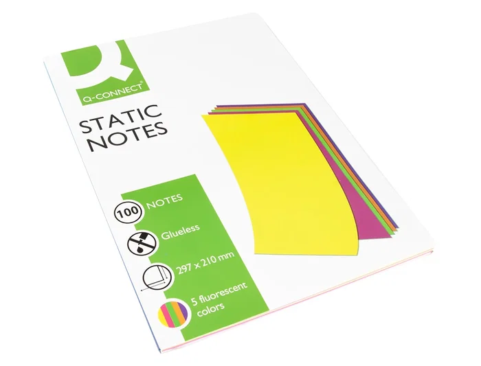 Q-connect Bloc de Notas Electrostáticas Adhesivas Quita y Pon Din A4 210x297mm 100 Hojas Colores Fluorescentes