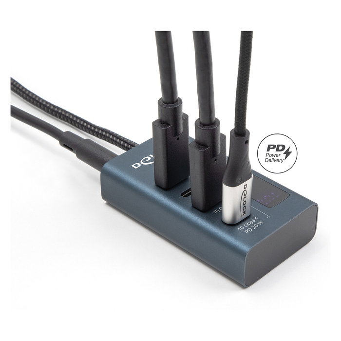 DeLOCK 64189 - Hub USB-C con 4 Puertos, USB 3.2 Gen 2 de 10 Gbps, 3 Puertos de Datos + 1 con Power Delivery 20W, Carcasa de Metal Azul, 0.6m Cable