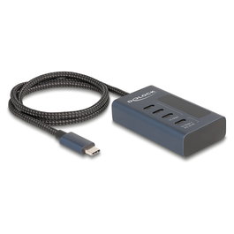 DeLOCK 64189 - Hub USB-C con 4 Puertos, USB 3.2 Gen 2 de 10 Gbps, 3 Puertos de Datos + 1 con Power Delivery 20W, Carcasa de Metal Azul, 0.6m Cable
