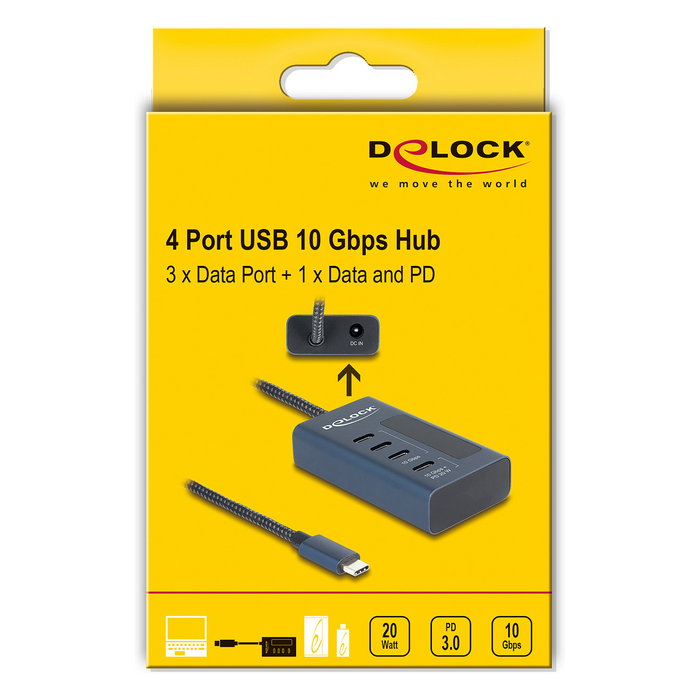 DeLOCK 64189 - Hub USB-C con 4 Puertos, USB 3.2 Gen 2 de 10 Gbps, 3 Puertos de Datos + 1 con Power Delivery 20W, Carcasa de Metal Azul, 0.6m Cable