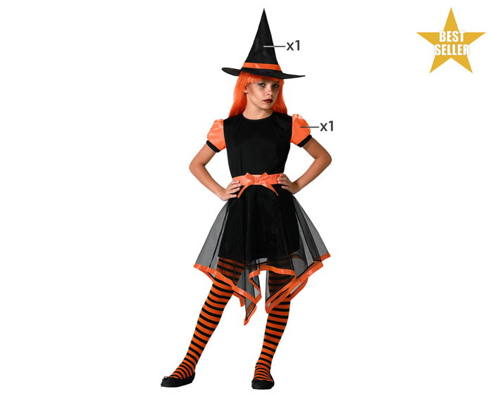 Disfraz Infantil de Bruja con Vestido Corto Naranja y Falda Asimétrica 7-9 Años Disfraz Infantil de Bruja con Vestido Corto Naranja y Falda Asimétrica 7-9 Años