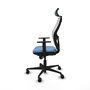 Silla de oficina Jorquera con mecanismo Sincro tapizada con Tela color Azul cielo y malla color Blanco. Equipada con lumbar 1D, Brazos 1D, Cabecero 2D y Ruedas 65mm nailon