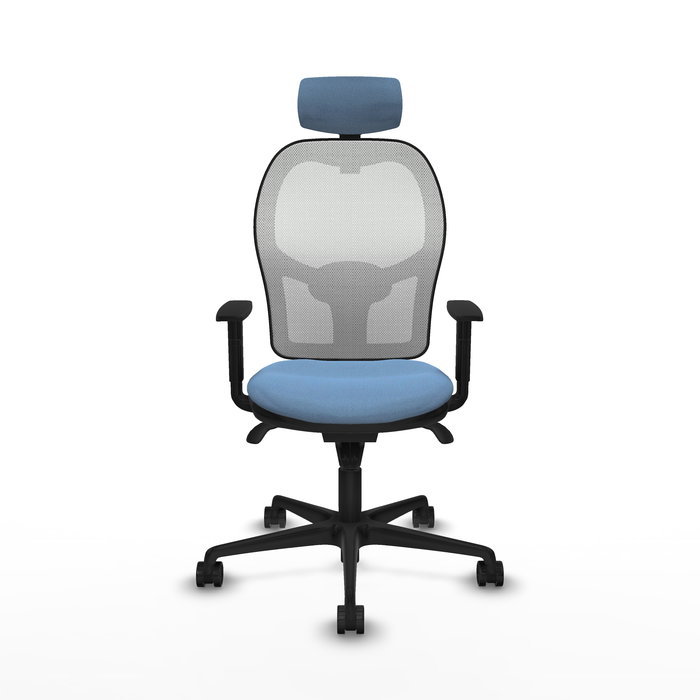 Silla de oficina Jorquera con mecanismo Sincro tapizada con Tela color Azul cielo y malla color Blanco. Equipada con lumbar 1D, Brazos 1D, Cabecero 2D y Ruedas 65mm nailon Silla de oficina Jorquera con mecanismo Sincro tapizada con Tela color Azul cielo y malla color Blanco. Equipada con lumbar 1D, Brazos 1D, Cabecero 2D y Ruedas 65mm nailon