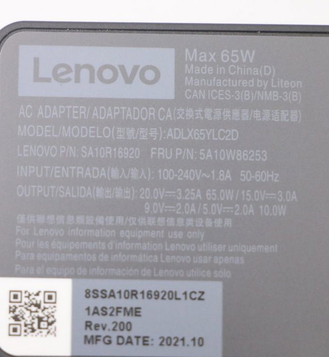 Lenovo Adaptador de Corriente 65W para Portátil Lenovo, 20V/15V/9V/5V, Doble Puerto, Cargador Versátil
