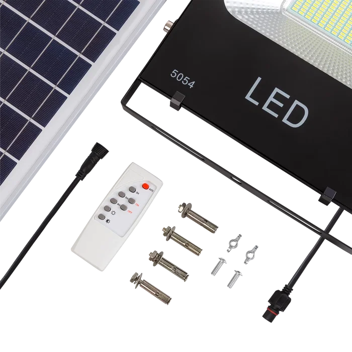 Proyector Solar LED 100W 10000 Lúmenes 6000K con Panel Solar, Batería de Litio, Sensor de Luz y Mando a Distancia, Autonomía 10h, Kit Iluminación Exterior Automática