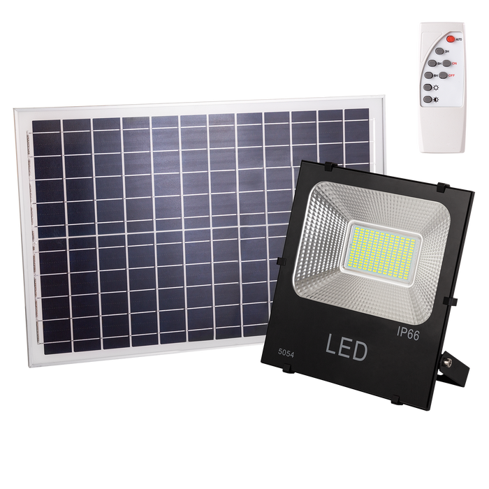 Proyector LED Solar 100W 10000Lm 6000K con Panel 6V/25W y Control Remoto, Kit Exterior