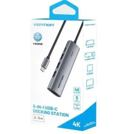 Vention TGGHB Docking Station USB Tipo-C a 1xHDMI 4K, 3xUSB 3.0, USB-C PD 100W Gris