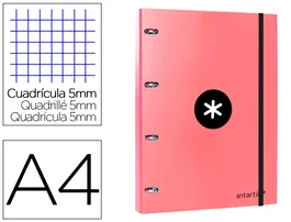 Antartik Carpeta con recambio A4, cuadro 5mm, forrada, 4 anillas 25mm redondas, color coral, 100 hojas 100g
