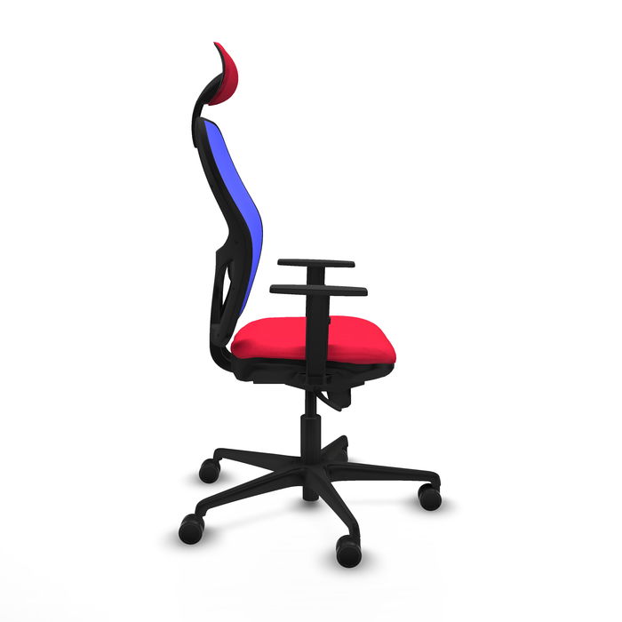 Silla de oficina Jorquera con mecanismo Sincro tapizada con Tela color Rojo y malla color Azul. Equipada con lumbar 1D, Brazos 1D, Cabecero Fijo y Ruedas 65mm nailon
