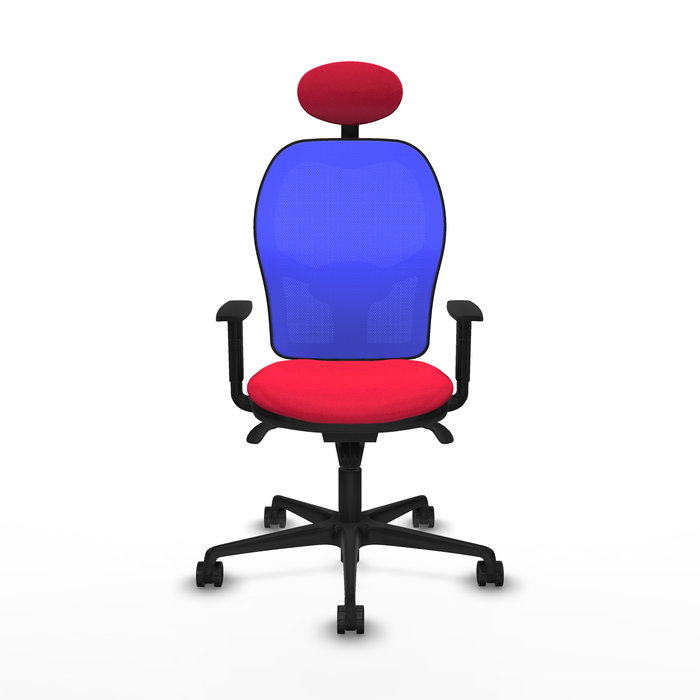 Silla de oficina Jorquera con mecanismo Sincro tapizada con Tela color Rojo y malla color Azul. Equipada con lumbar 1D, Brazos 1D, Cabecero Fijo y Ruedas 65mm nailon