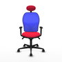 Silla de oficina Jorquera con mecanismo Sincro tapizada con Tela color Rojo y malla color Azul. Equipada con lumbar 1D, Brazos 1D, Cabecero Fijo y Ruedas 65mm nailon