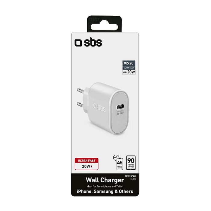 SBS Adaptador de Corriente USB-C PD 20W Blanco TETR1CPD20, Cargador de Pared para Teléfono, 100-250V
