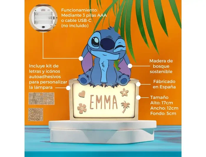 Wondee Lámpara de noche de madera Stitch personalizable Wondee Lámpara de noche de madera Stitch personalizable
