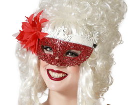 Mascara Veneciana Rojo Brillante Filigrana Flor Lateral para Fiestas Disfraces Carnavales Eventos Temática Barroca