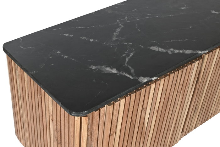 DKD Home Decor Mueble TV Moderno Listones Marmol Negro Marron Natural Acacia Marmol 4 Puertas 145 x 60 x 45 cm