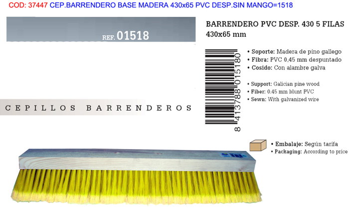 Cepillo barrendero de madera 430x65 mm PVC sin mango garra Cepillo barrendero de madera 430x65 mm PVC sin mango garra