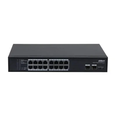 Dahua Technology PFS3218-16GT-135 Switch PoE No Administrado, 16 Puertos Gigabit Ethernet, 2 Uplinks SFP, Potencia PoE 135W, Capa L2, Negro, Montaje en Rack y Pared
