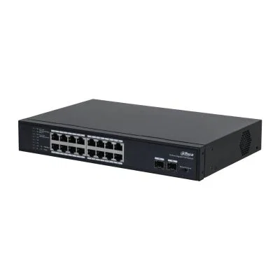 Dahua Technology PFS3218-16GT-135 Switch PoE No Administrado, 16 Puertos Gigabit Ethernet, 2 Uplinks SFP, Potencia PoE 135W, Capa L2, Negro, Montaje en Rack y Pared