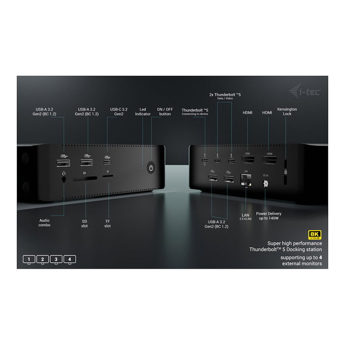 I-tec Thunderbolt 5 Quattro Display Docking Station 11 en 1 Negro