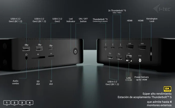 I-tec thunderbolt5 quattro display docking station, 5x usb, 2.5 glan + power delivery 140w I-tec thunderbolt5 quattro display docking station, 5x usb, 2.5 glan + power delivery 140w