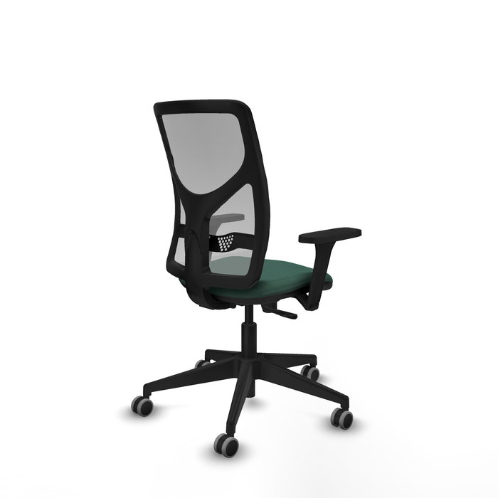 Silla de oficina Motilla con mecanismo Sincro tapizada con Tela color Verde botella y malla color Gris. Equipada con lumbar 1D, Brazos 3D y Ruedas 65 mm parqué