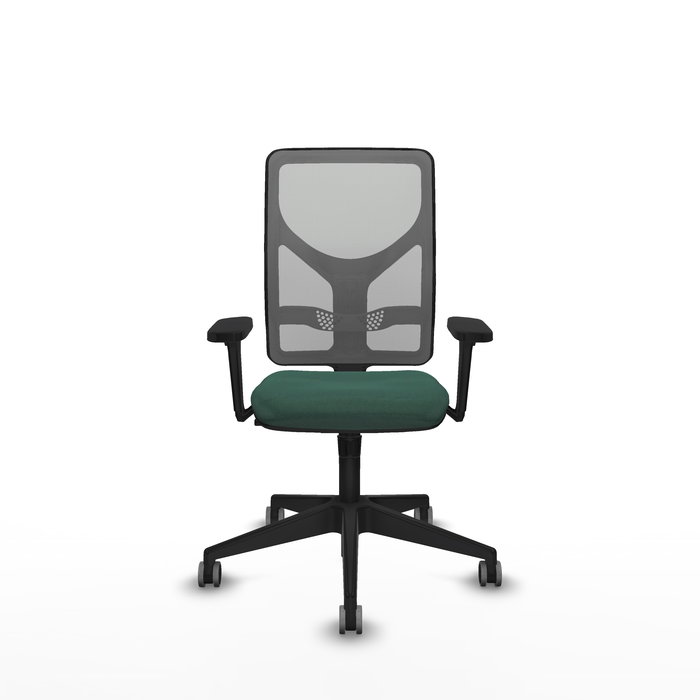 Silla de oficina Motilla con mecanismo Sincro tapizada con Tela color Verde botella y malla color Gris. Equipada con lumbar 1D, Brazos 3D y Ruedas 65 mm parqué