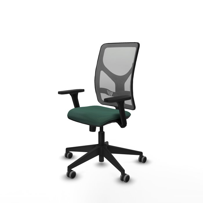 Silla de oficina Motilla con mecanismo Sincro tapizada con Tela color Verde botella y malla color Gris. Equipada con lumbar 1D, Brazos 3D y Ruedas 65 mm parqué