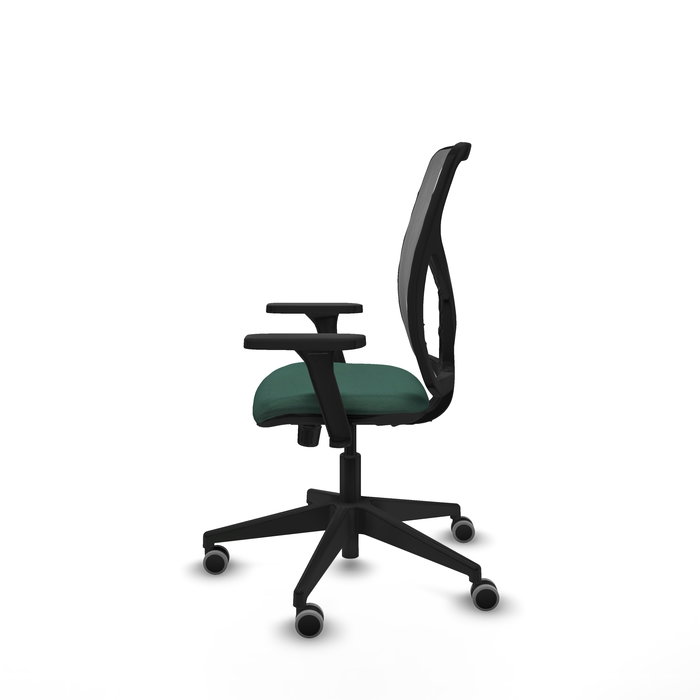 Silla de oficina Motilla con mecanismo Sincro tapizada con Tela color Verde botella y malla color Gris. Equipada con lumbar 1D, Brazos 3D y Ruedas 65 mm parqué