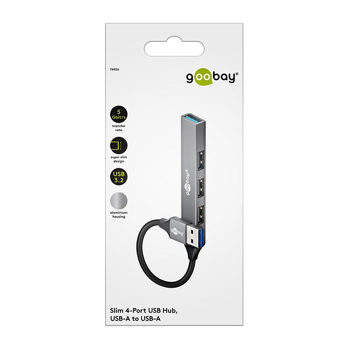 Goobay 74456 Hub USB Slim 4 Puertos (3 USB 2.0 + 1 USB 3.2 Gen 1), 5 Gbit/s, Aluminio Gris Claro, 0.1 m Cable