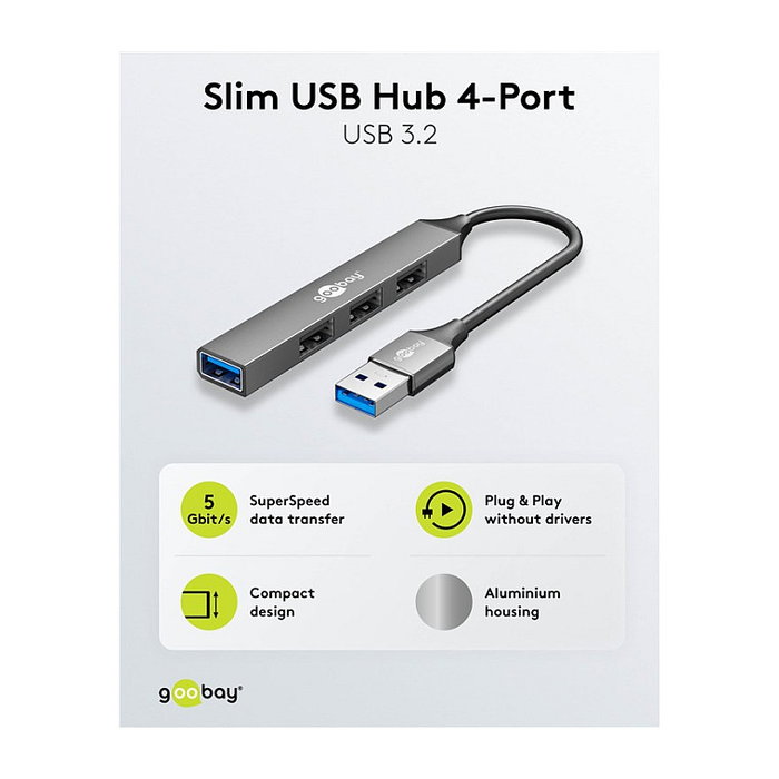 Goobay 74456 Hub USB Slim 4 Puertos (3 USB 2.0 + 1 USB 3.2 Gen 1), 5 Gbit/s, Aluminio Gris Claro, 0.1 m Cable
