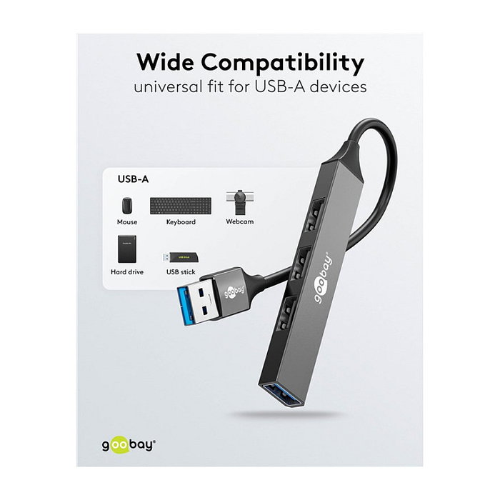 Goobay 74456 Hub USB Slim 4 Puertos (3 USB 2.0 + 1 USB 3.2 Gen 1), 5 Gbit/s, Aluminio Gris Claro, 0.1 m Cable
