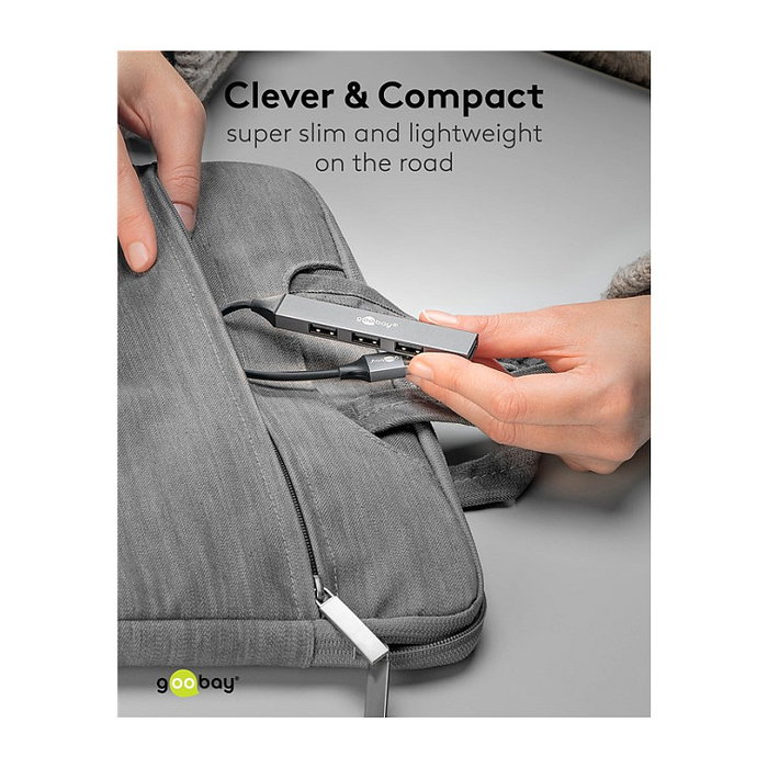 Goobay 74456 Hub USB Slim 4 Puertos (3 USB 2.0 + 1 USB 3.2 Gen 1), 5 Gbit/s, Aluminio Gris Claro, 0.1 m Cable