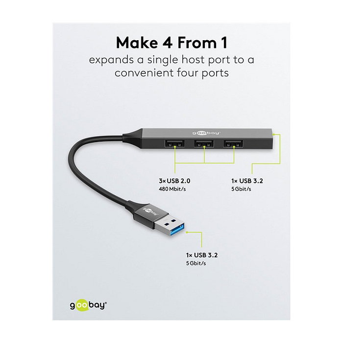 Goobay 74456 Hub USB Slim 4 Puertos (3 USB 2.0 + 1 USB 3.2 Gen 1), 5 Gbit/s, Aluminio Gris Claro, 0.1 m Cable