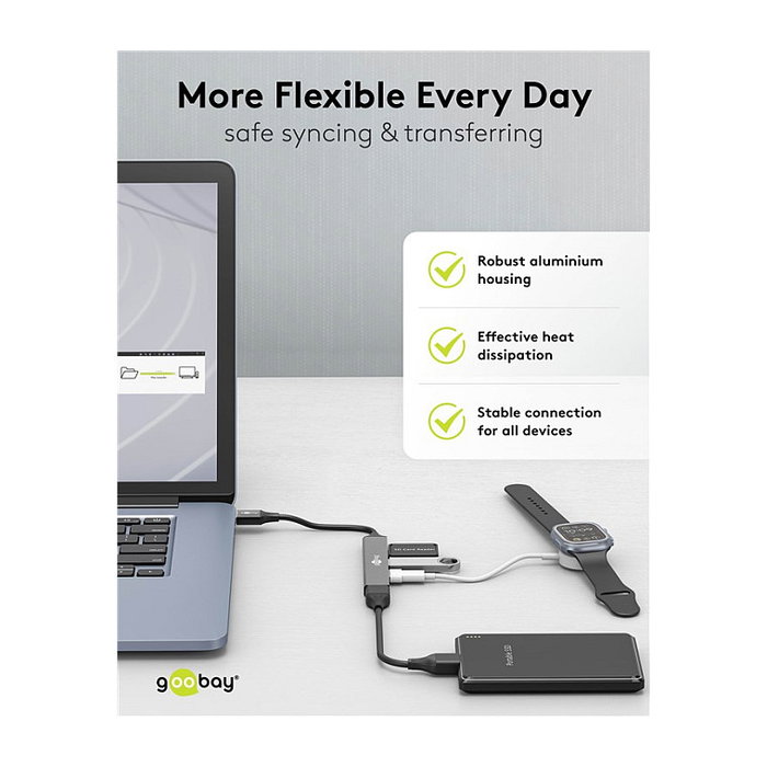 Goobay 74456 Hub USB Slim 4 Puertos (3 USB 2.0 + 1 USB 3.2 Gen 1), 5 Gbit/s, Aluminio Gris Claro, 0.1 m Cable