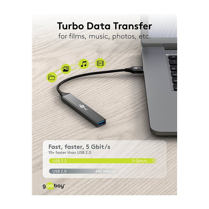 Goobay 74456 Hub USB Slim 4 Puertos (3 USB 2.0 + 1 USB 3.2 Gen 1), 5 Gbit/s, Aluminio Gris Claro, 0.1 m Cable