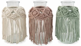 DKD Home Decor Portavelas de Cristal y Algodón con Flecos Surtido de 3 Colores