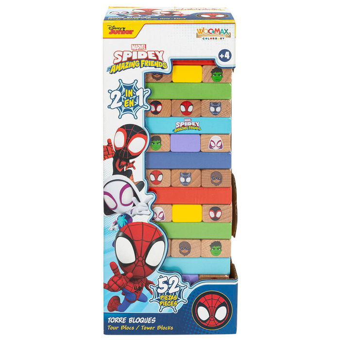 WOOMAX Juego Torre Bloques + Domino Madera Spidey Marvel para Niños +4 Años 52 Piezas WOOMAX Juego Torre Bloques + Domino Madera Spidey Marvel para Niños +4 Años 52 Piezas