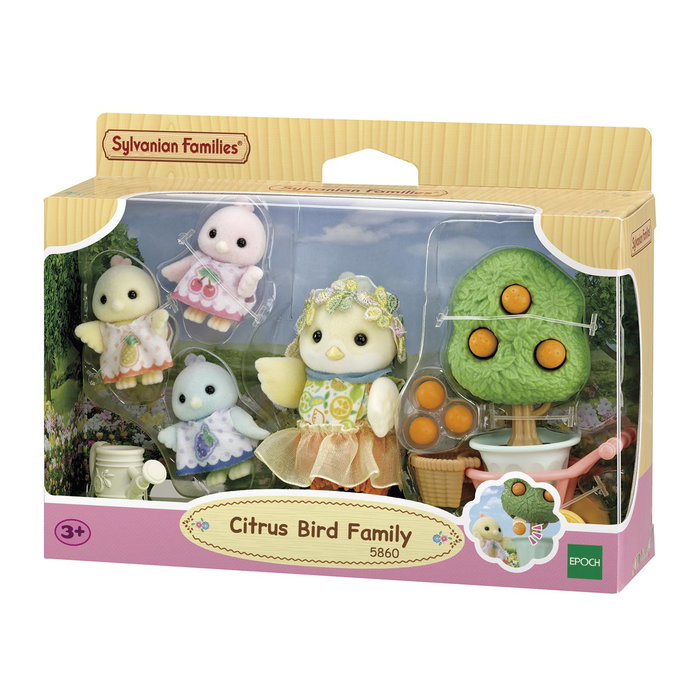 Sylvanian Families Familia Pájaro Cítrico 5860 - Set con 4 Figuras, Mamá y 3 Bebés, Árbol de Naranjas, Carro y Accesorios
