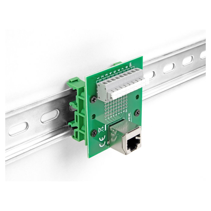 DeLOCK 66993 Adaptador RJ45 hembra a bloque de terminales con pulsador para carril DIN en ángulo